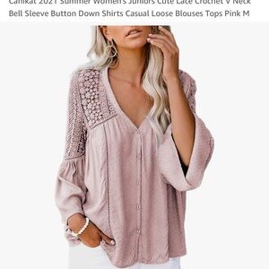 Women's Pink Lace Crochet V-Neck Top